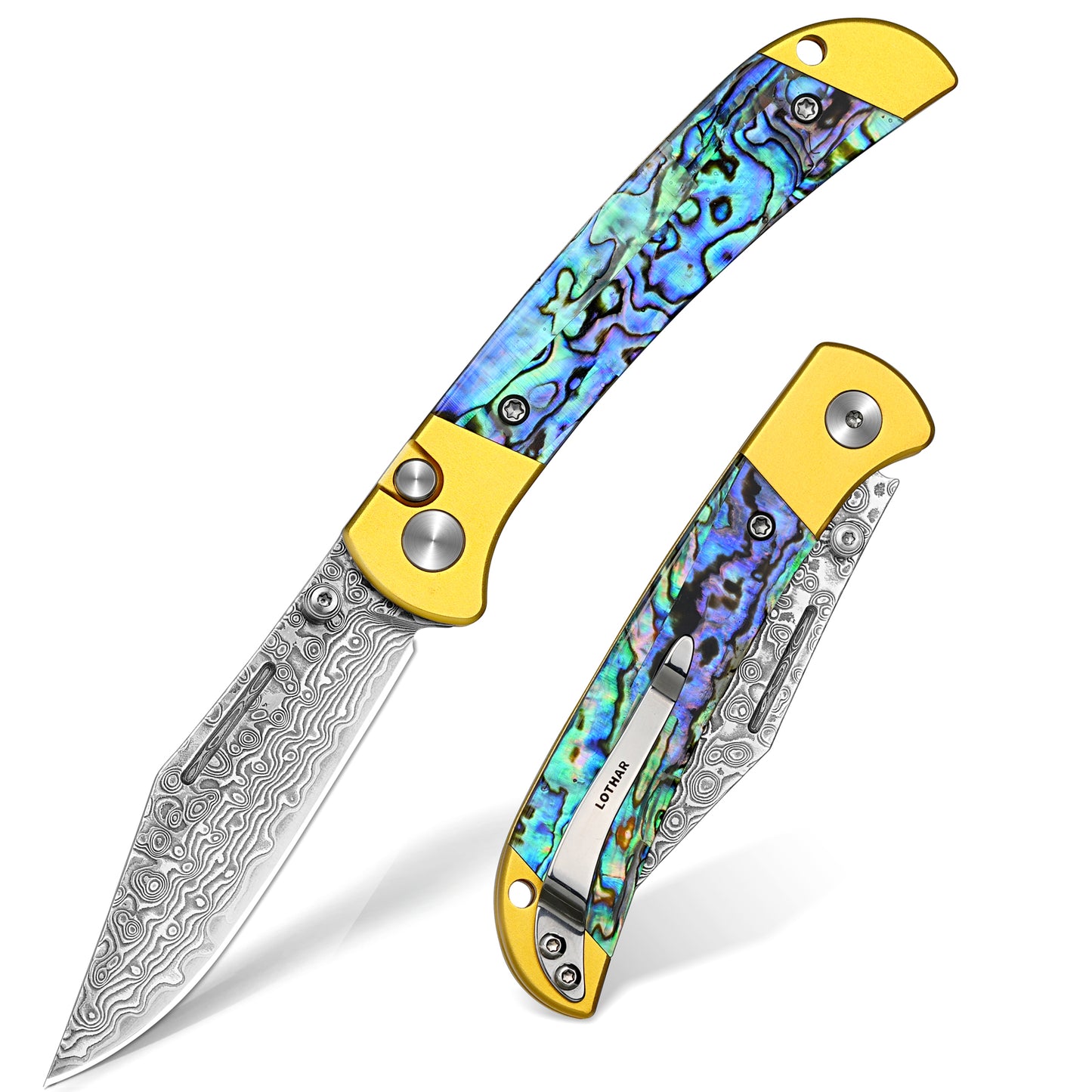 Damascus Pocket Knife for Men, Handmade Forged VG10 Damascus Folding Knife, Pocket Folding Knife with Clip, Button Lock Knife, Gifts Pocket Knife for Men Women, Birthday, Christmas(Abalone Shell)