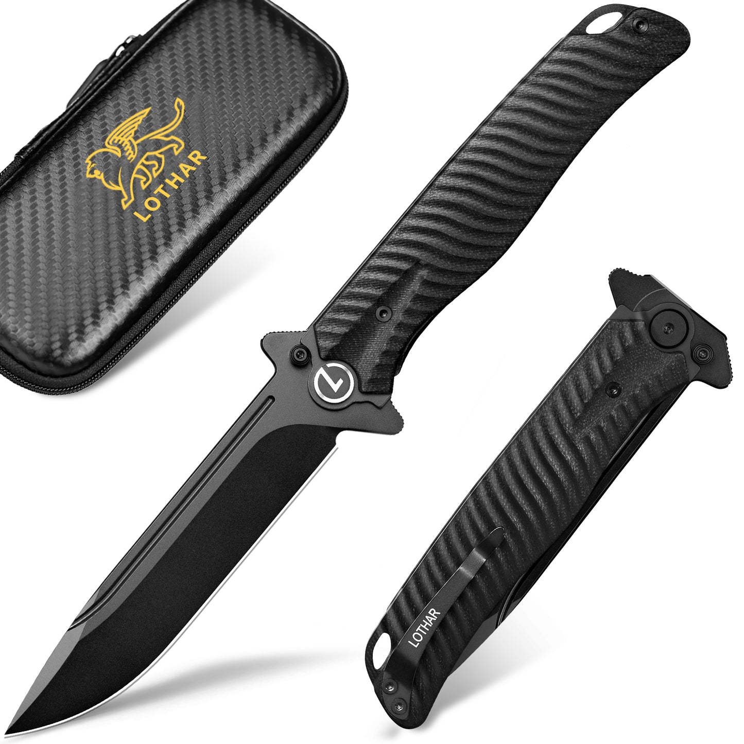 LOTHAR PHOENIX Large Pocket Knife, 5‘’ D2 Steel Blade Hunting Folding Knife, Black G10 Handle, Huge Tactical Pocket Knife, Flipper Assisted Opening