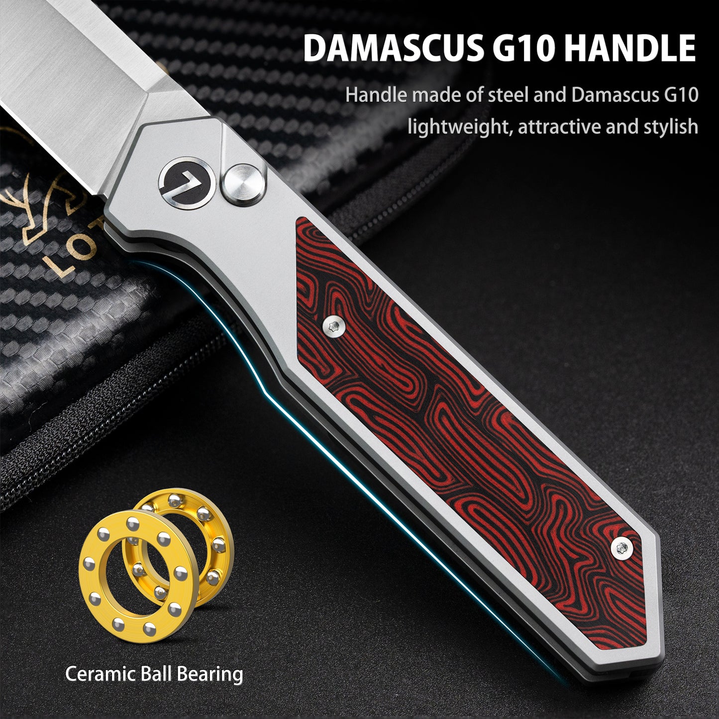 LOTHAR Raptor Folding Pocket Knife, Damascus G10 Handle, 3.7" 14C28N Steel Blade EDC Pocket Knife, Button Lock Knife(red)