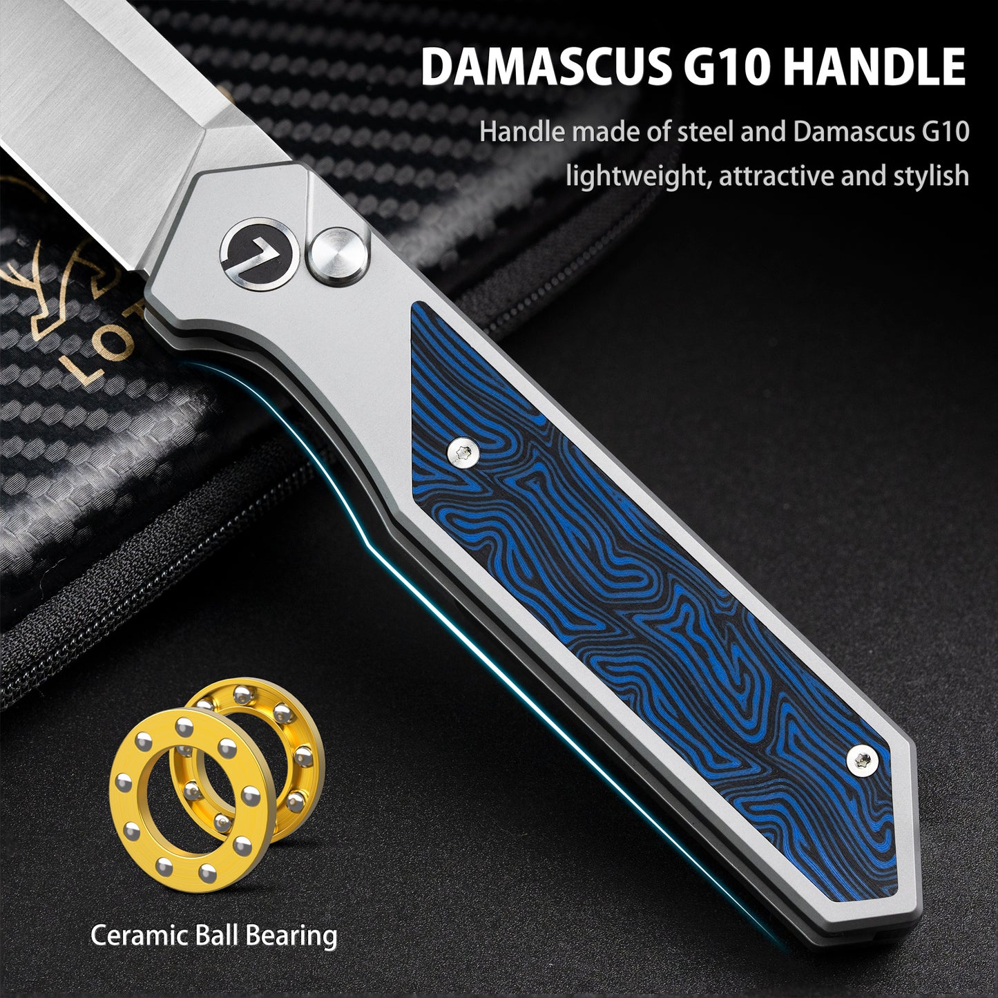 LOTHAR Raptor Folding Pocket Knife, Damascus G10 Handle, 3.7" 14C28N Steel Blade EDC Pocket Knife, Button Lock Knife(blue)