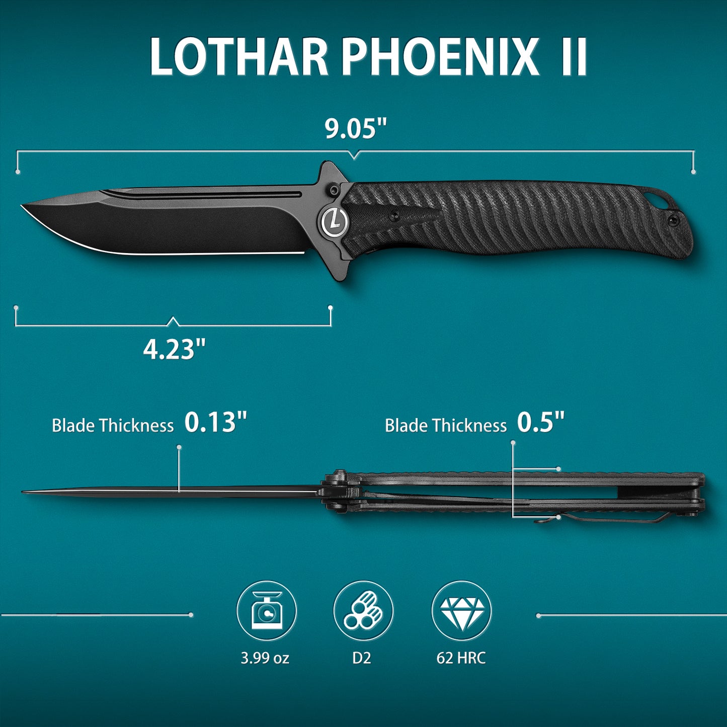 LOTHAR PHOENIX Large Pocket Knife, 5‘’ D2 Steel Blade Hunting Folding Knife, Black G10 Handle, Huge Tactical Pocket Knife, Flipper Assisted Opening