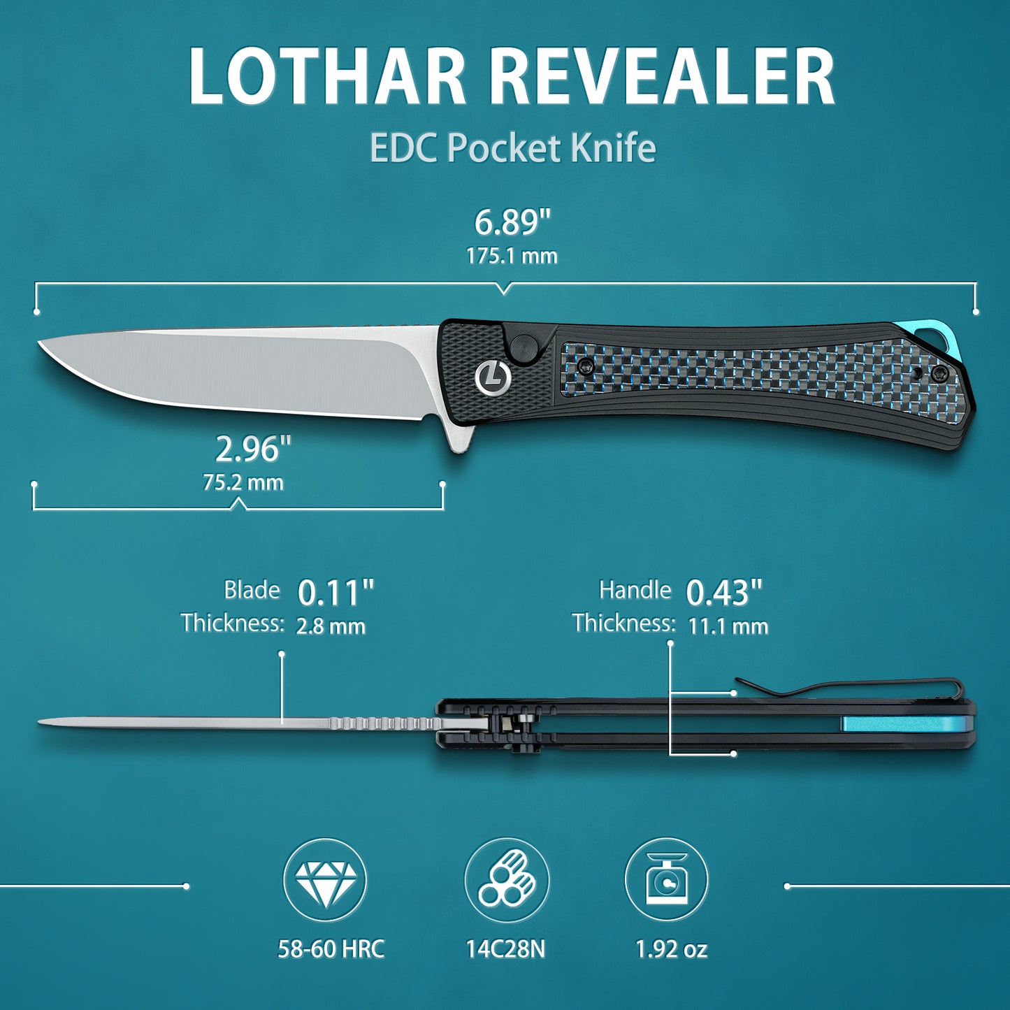 LOTHAR REVEALER Pocket Knife, 2.98" 14C28N Steel Blade EDC knife, Carbon Fiber Handle, Button Lock