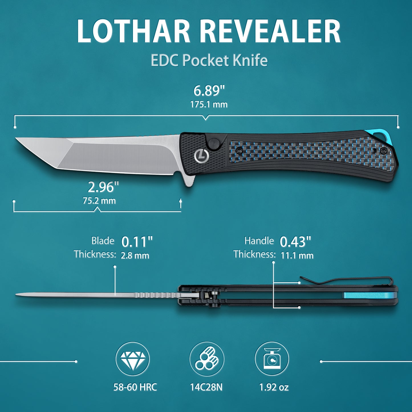 LOTHAR REVEALER Pocket Knife, 2.98" 14C28N Steel Blade EDC knife, Carbon Fiber Handle, Button Lock