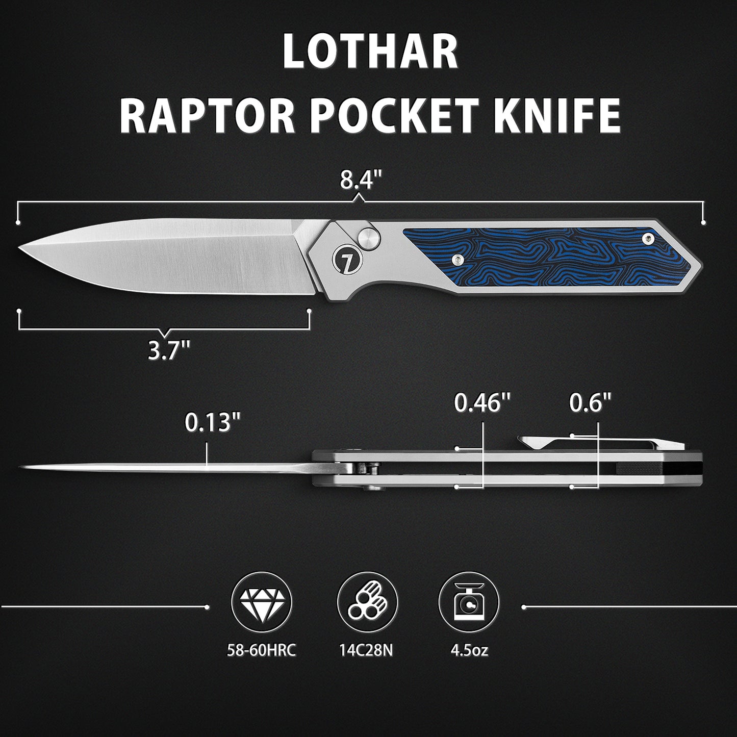 LOTHAR Raptor Folding Pocket Knife, Damascus G10 Handle, 3.7" 14C28N Steel Blade EDC Pocket Knife, Button Lock Knife(blue)