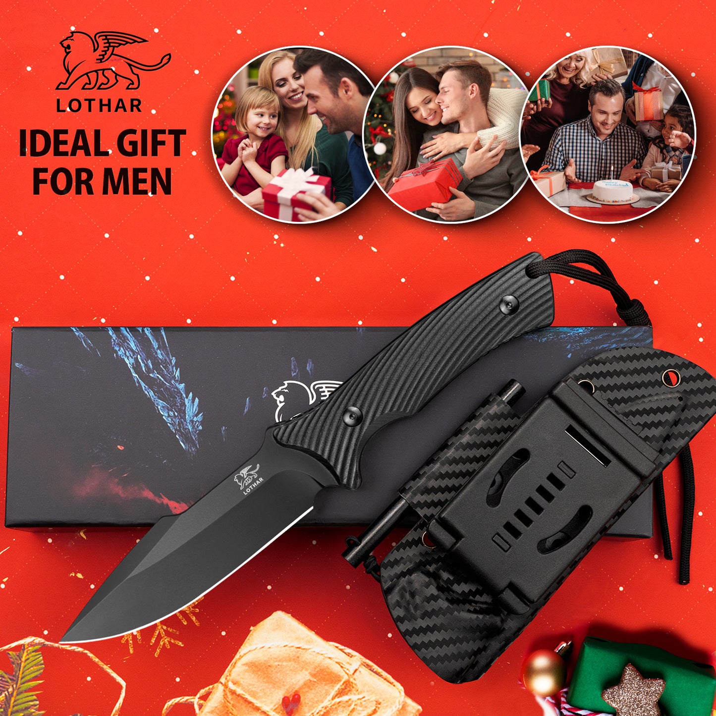 LOTHAR Survival Knife for Men, D2 Blade Full Tang Fixed Blade Jagdmesser mit Kydex-Scheide und G10-Griff, Camping-Jagdmesser für Outdoor, Weihnachtsstrumpffüller für Männer, Papa, Ehemann