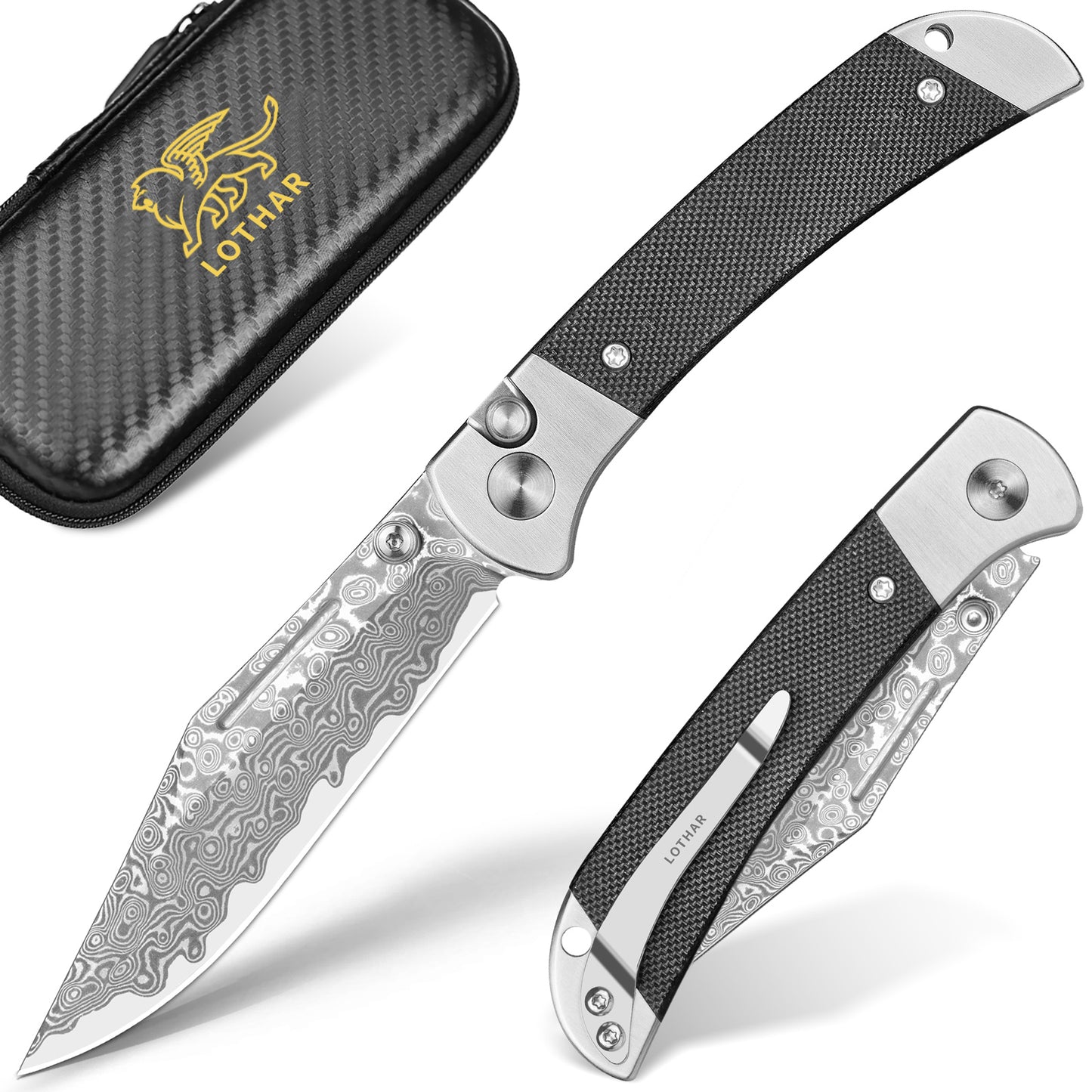 LOTHAR Falcon Pocket Knife, 2.98" 14C28N Steel Blade EDC Knife, G10 Handle, Button Lock Knife