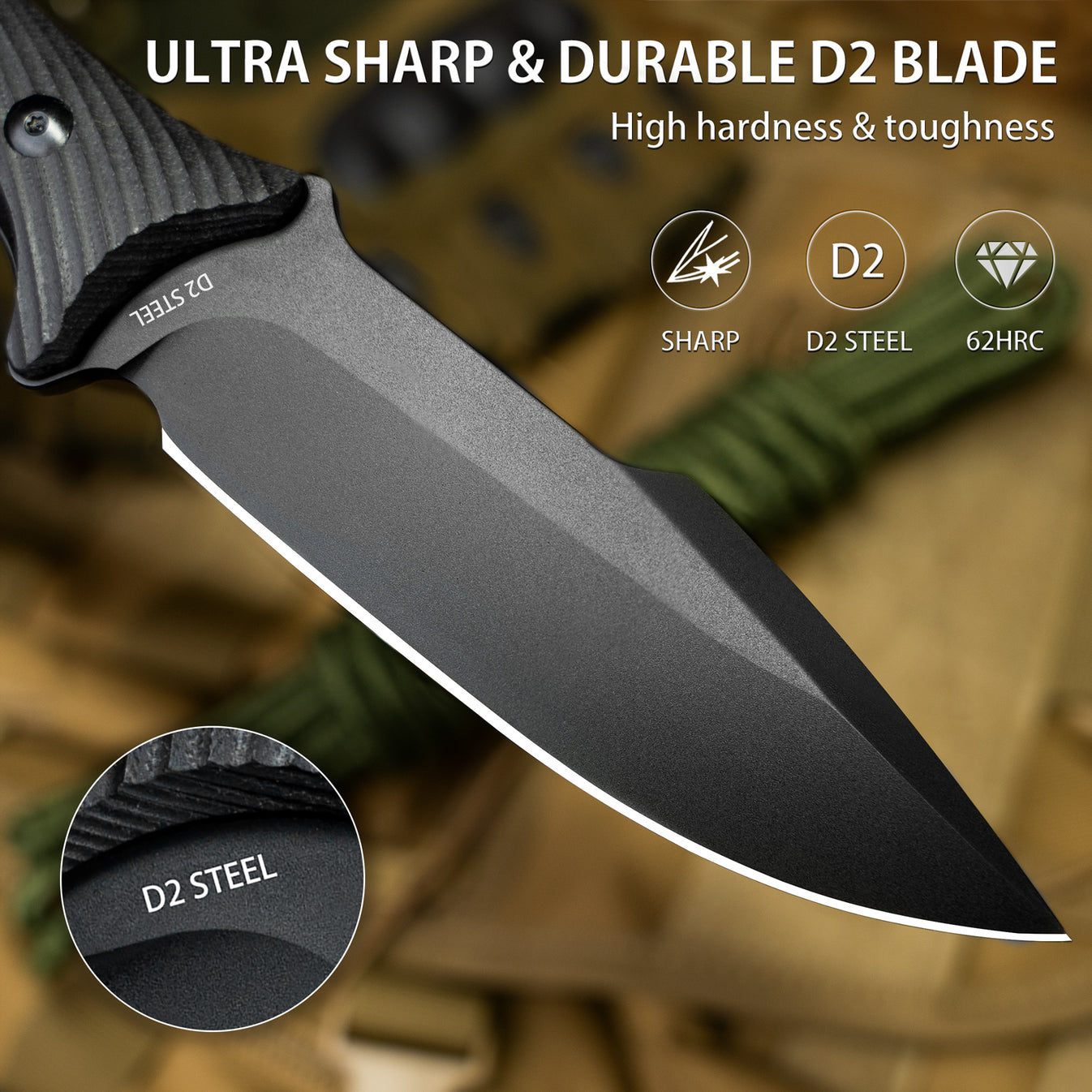 LOTHAR KA52 Survival Knife, 4.5'' D2 Blade Full Tang Fixed Blade Hunti ...